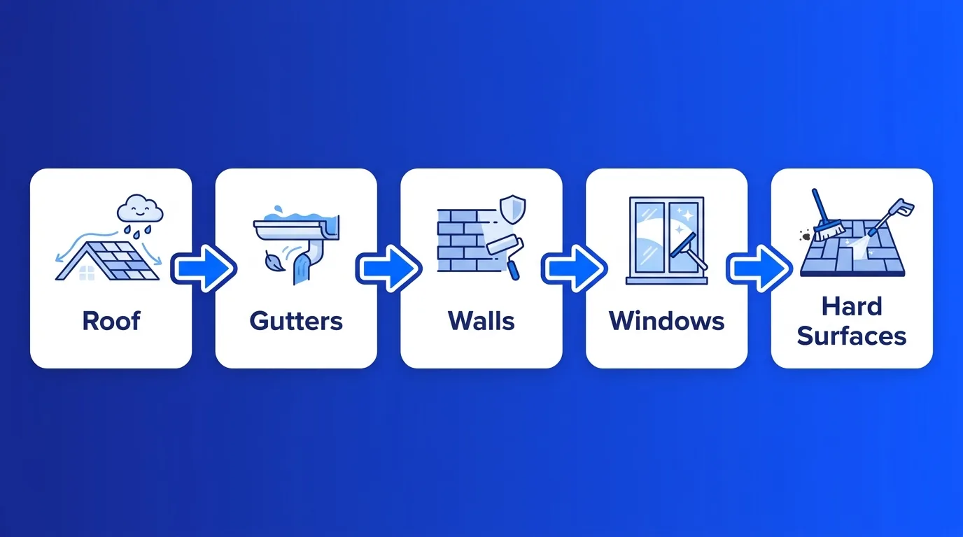 Top-down order of operations for exterior cleaning
